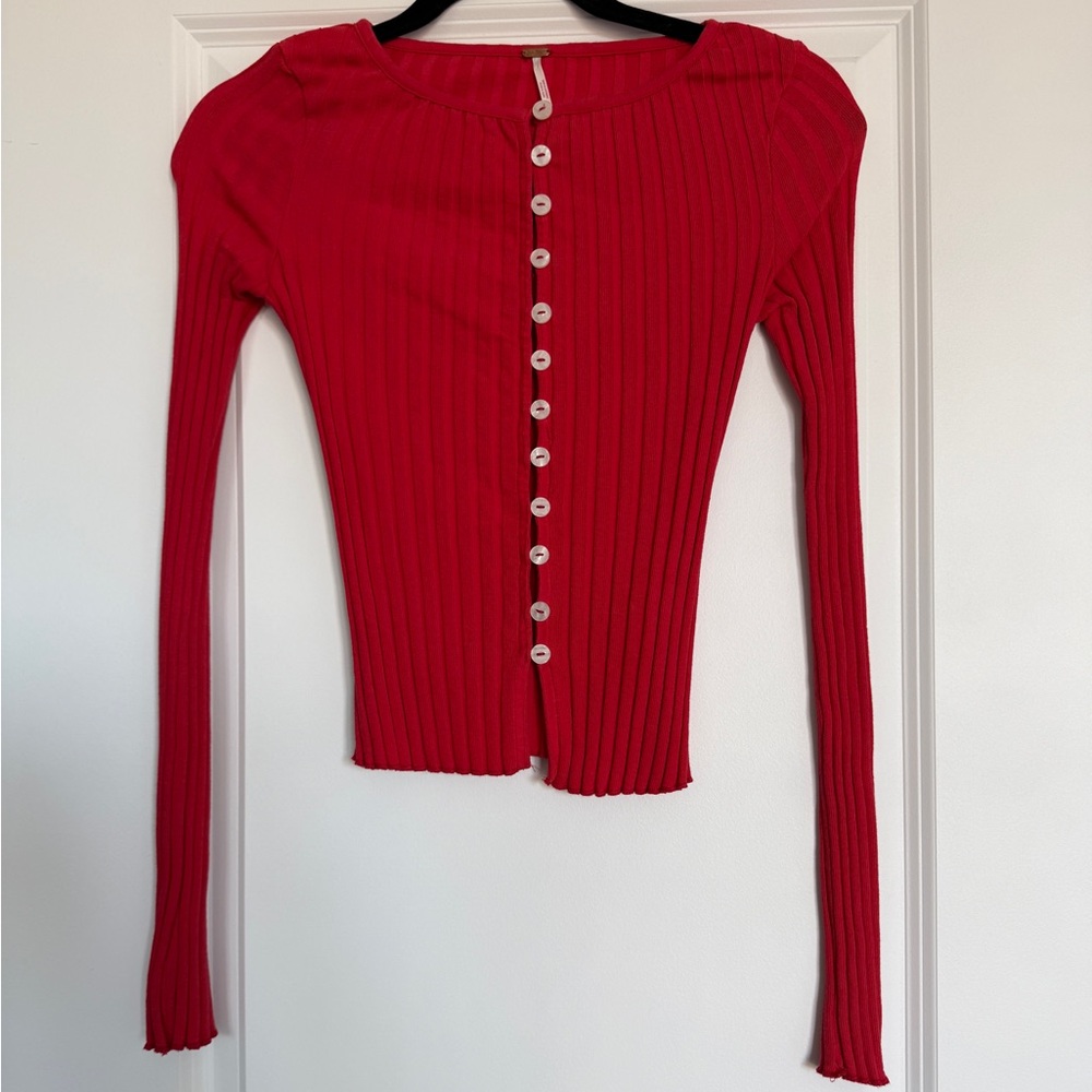 Free People Ribbed Red Button-Front Long Sleeve Top